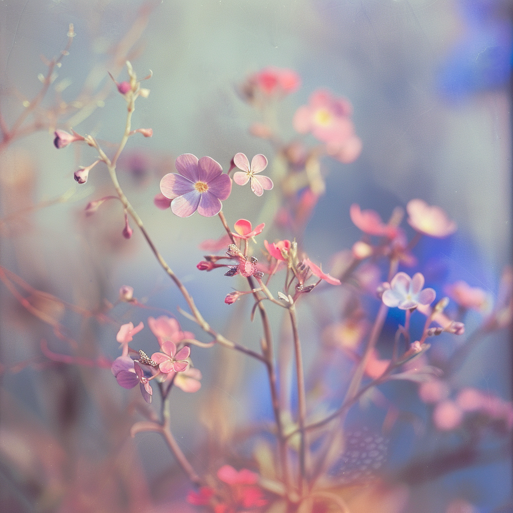 Small delicate wildflowers blooming in meadow