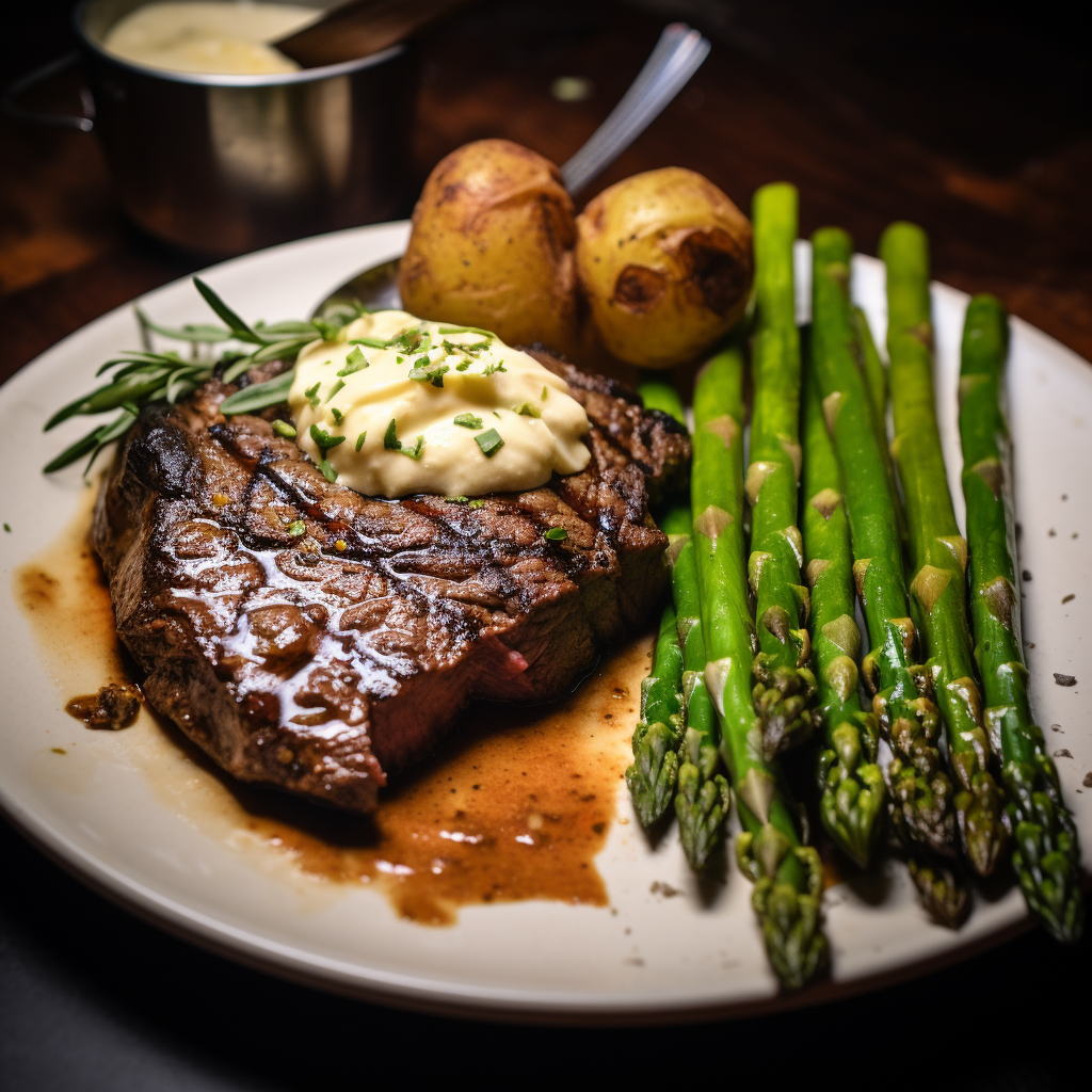 Succulent steak, baked potato, and asparagus