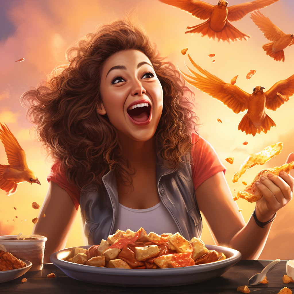 Chick with happy expression eating wings and nuggets