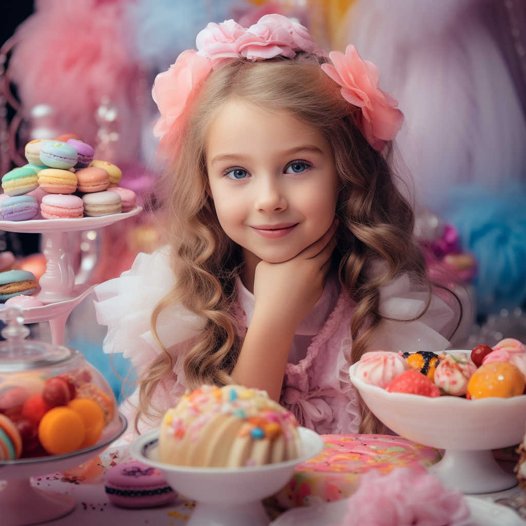 Young girl enjoying an abundance of sweets