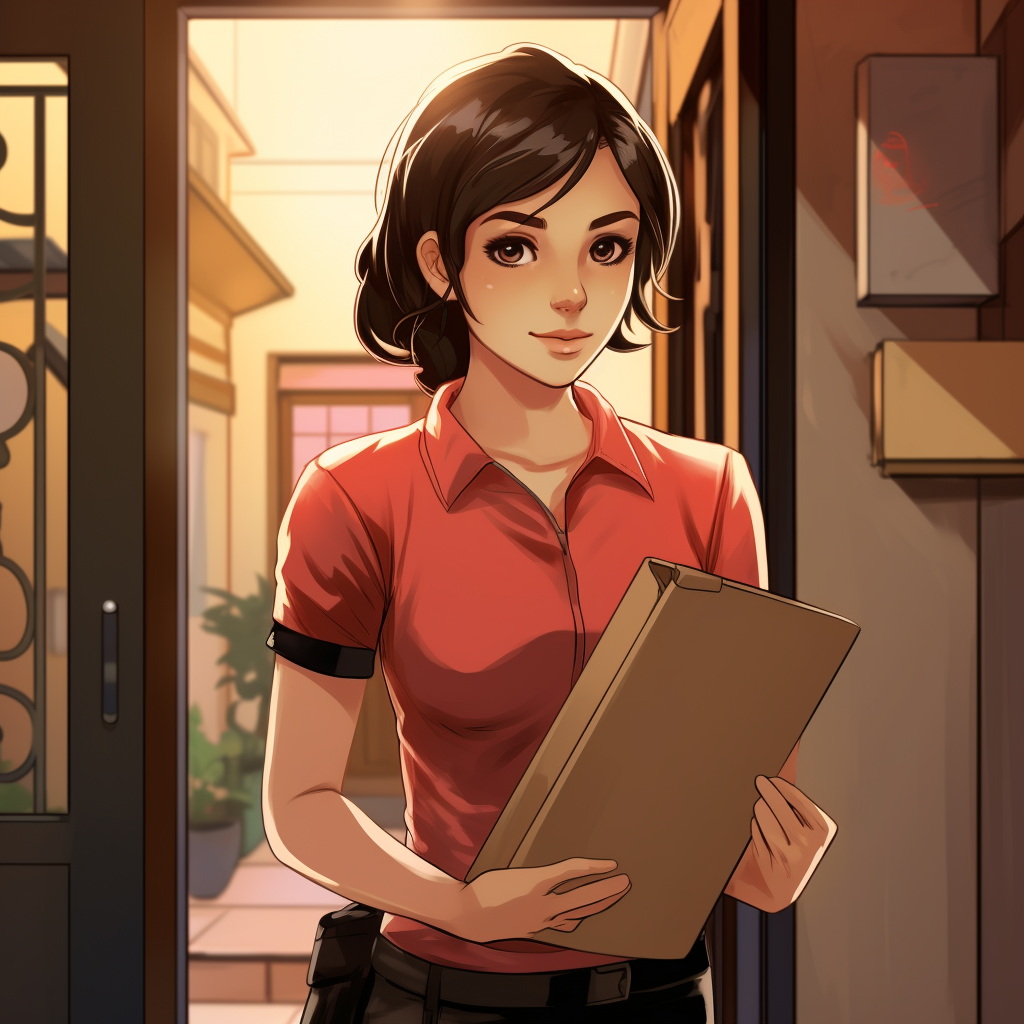 Smiling pizza delivery girl with tablet