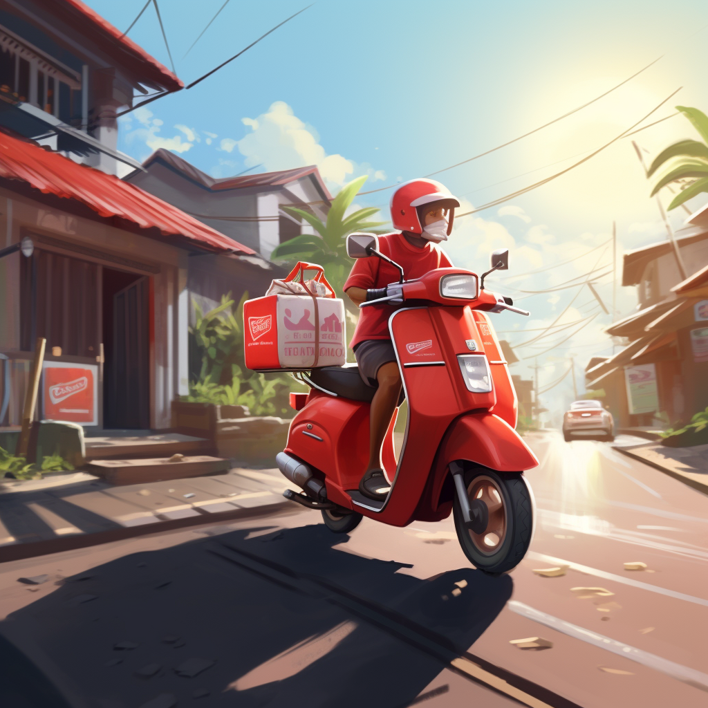 Delivery guy on red vespa riding Bali streets