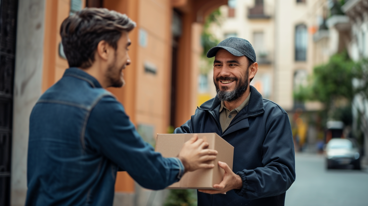 Delivery man handing box, smiling