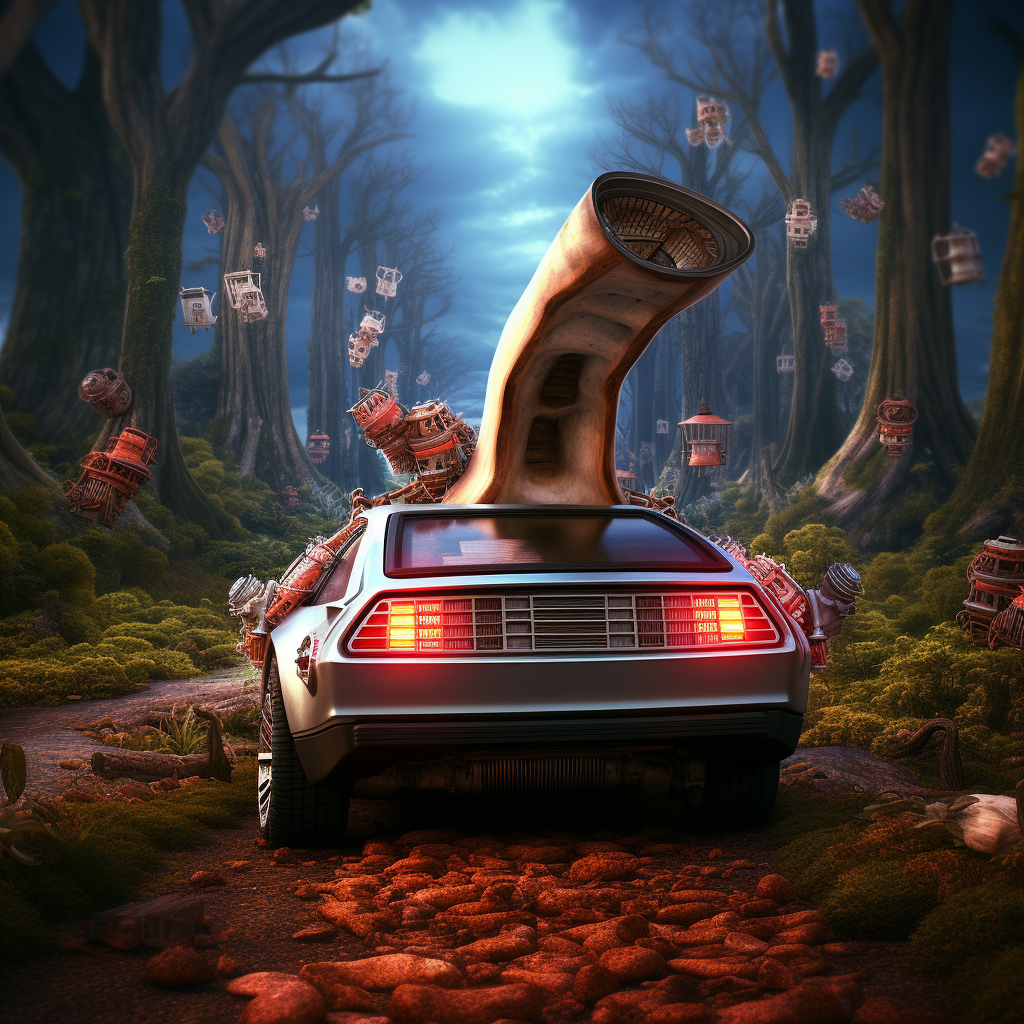 Delorean Car cruising through Mushroom Land