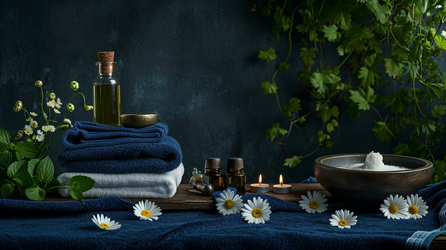 Spa background with towels, oil, candles, plants