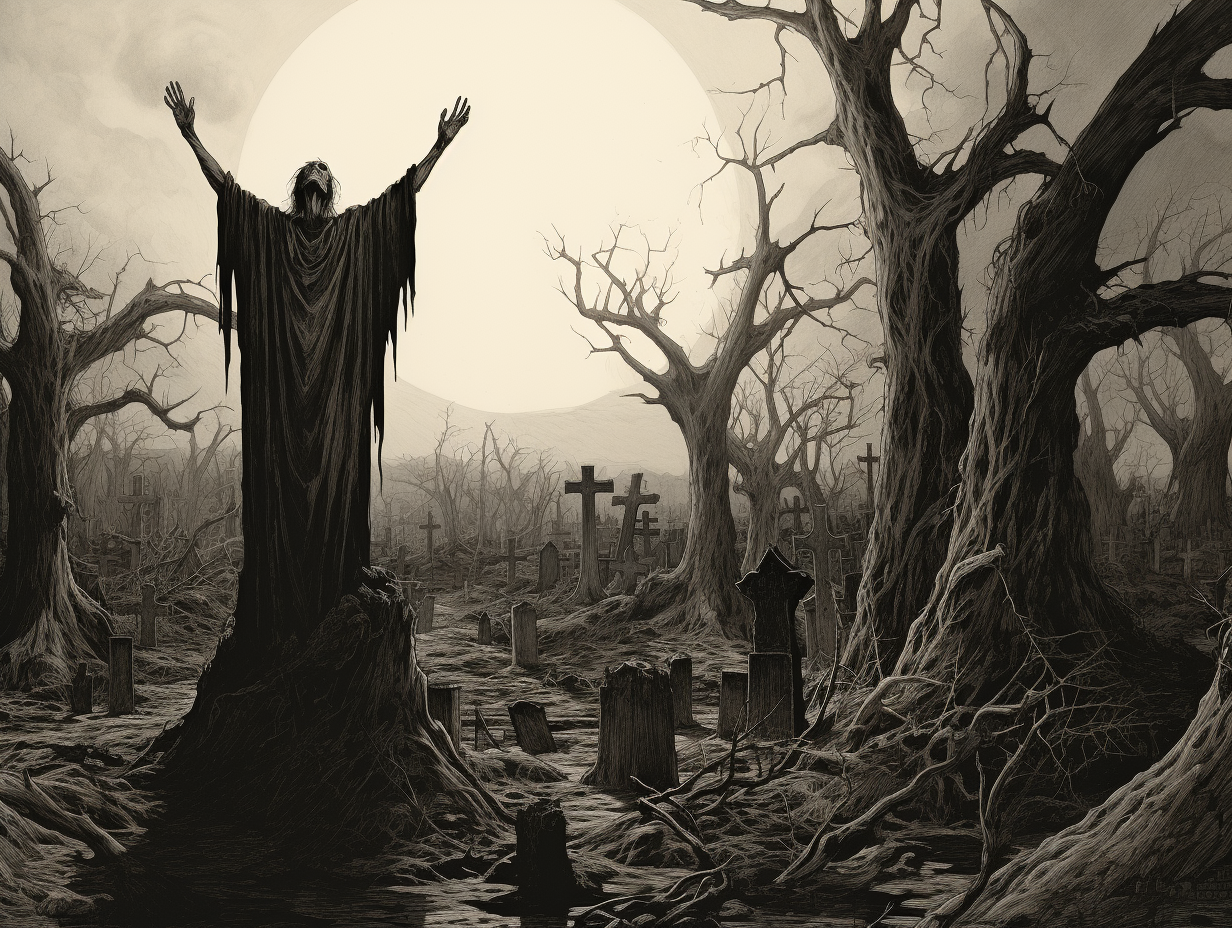 Spooky demon raising arms in graveyard