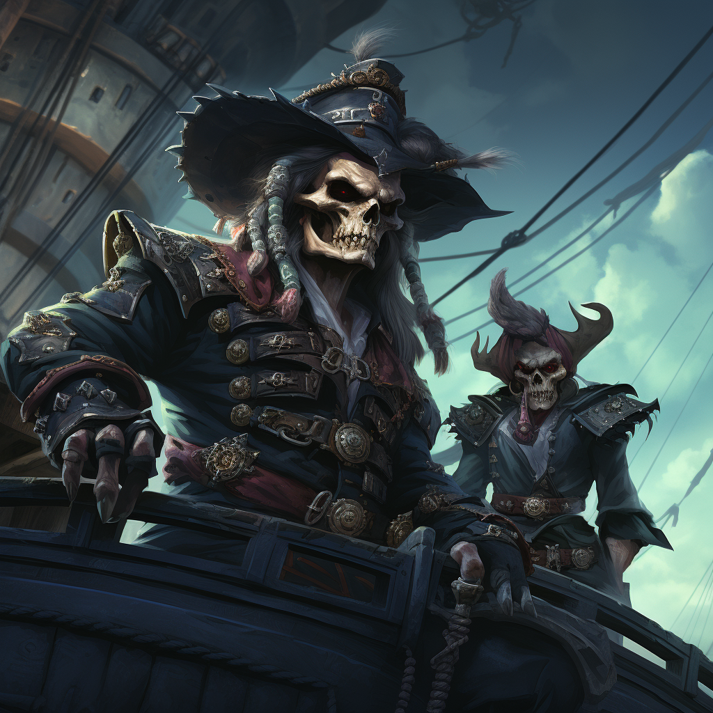 A group of menacing demon pirates sailing on a ship