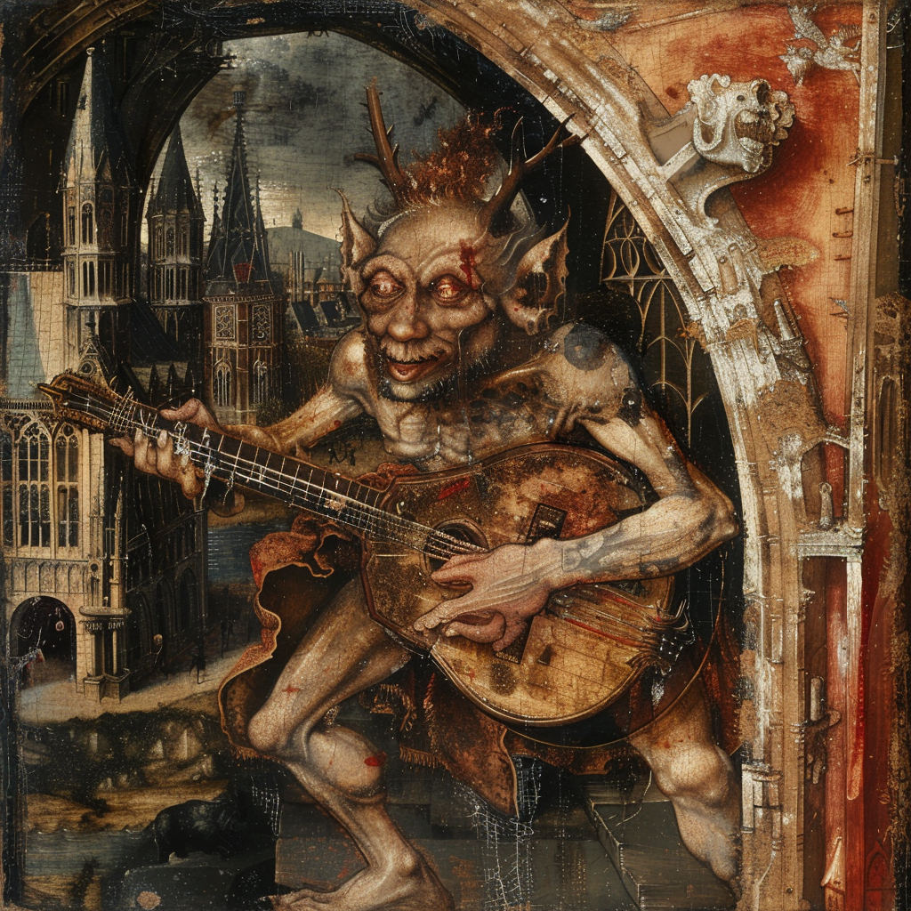 Demon playing lute by cathedral