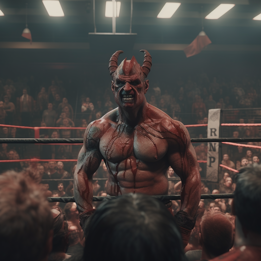 Front view of cheering demon and evils in boxing ring