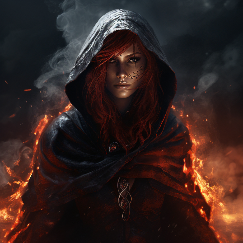 Beautiful demon woman with red hair in hooded cloak