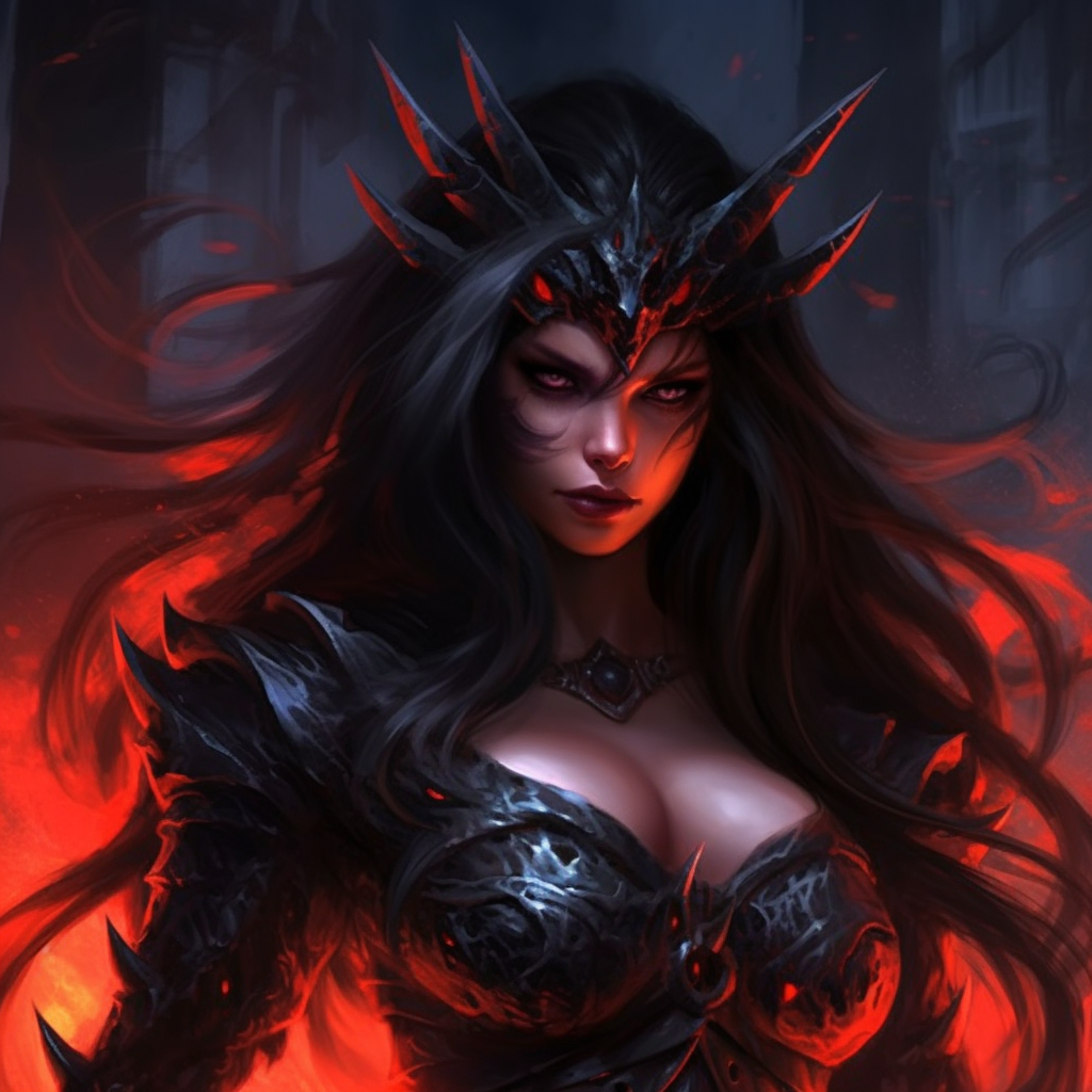 Fiery-eyed demoness in aggressive stance