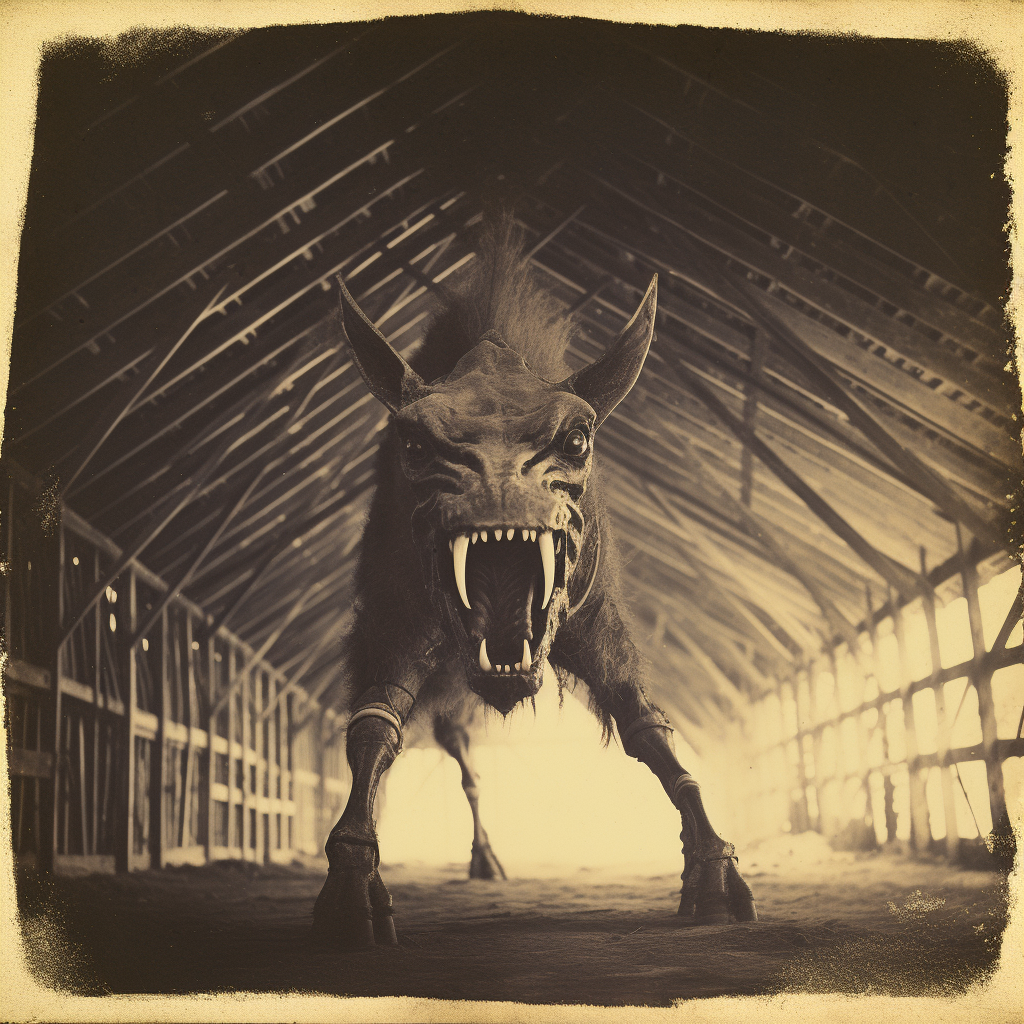 Spooky demonic horse in a barn