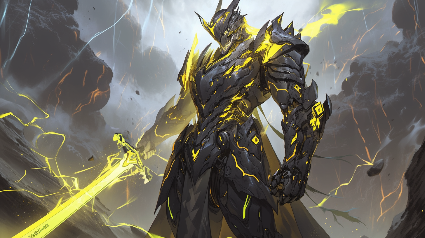 Demonic knight with yellow lightning powers in battle