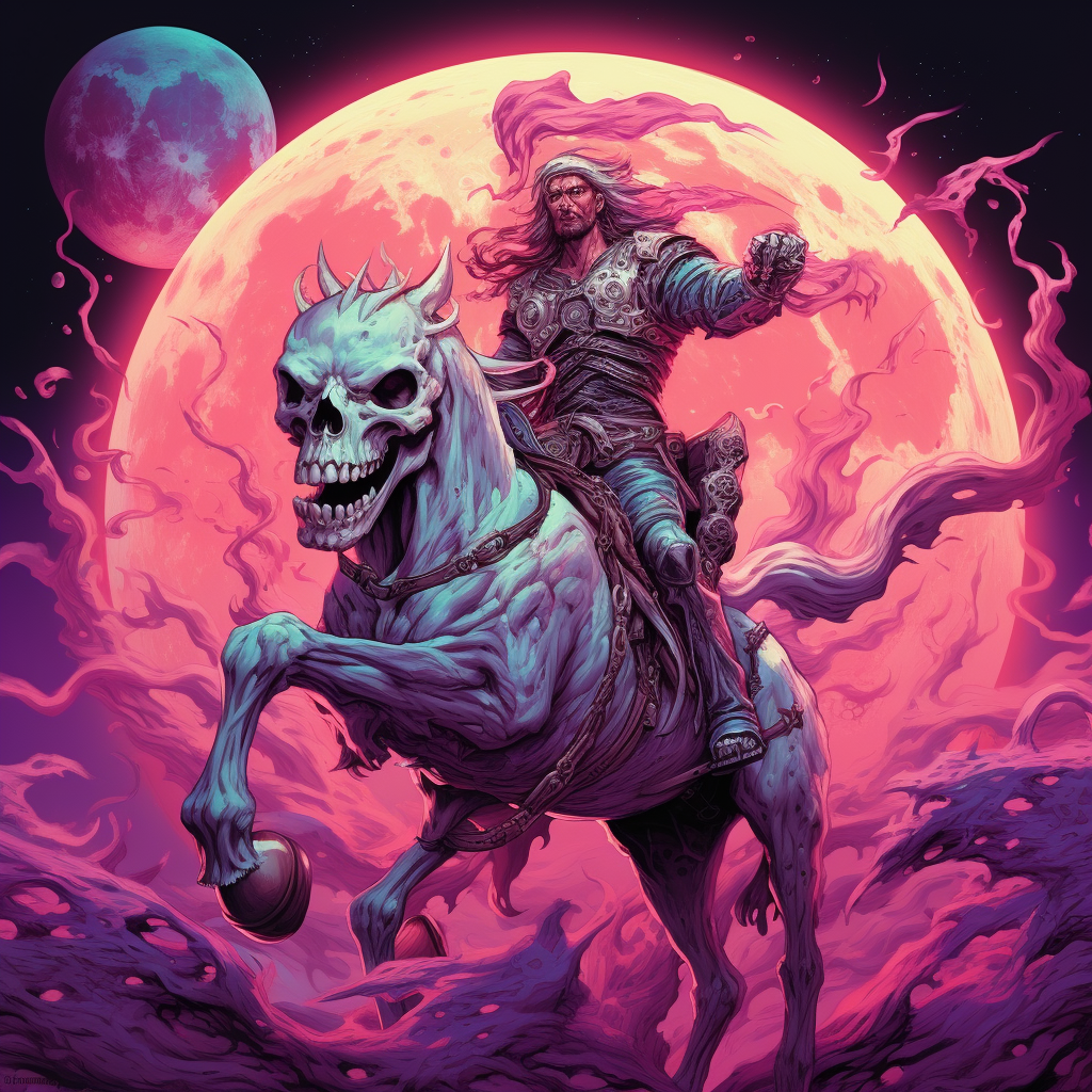 Muscular demon on moon riding horse on skulls