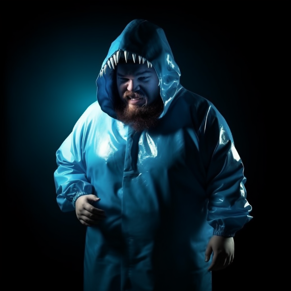 Demonic overweight man in shark costume