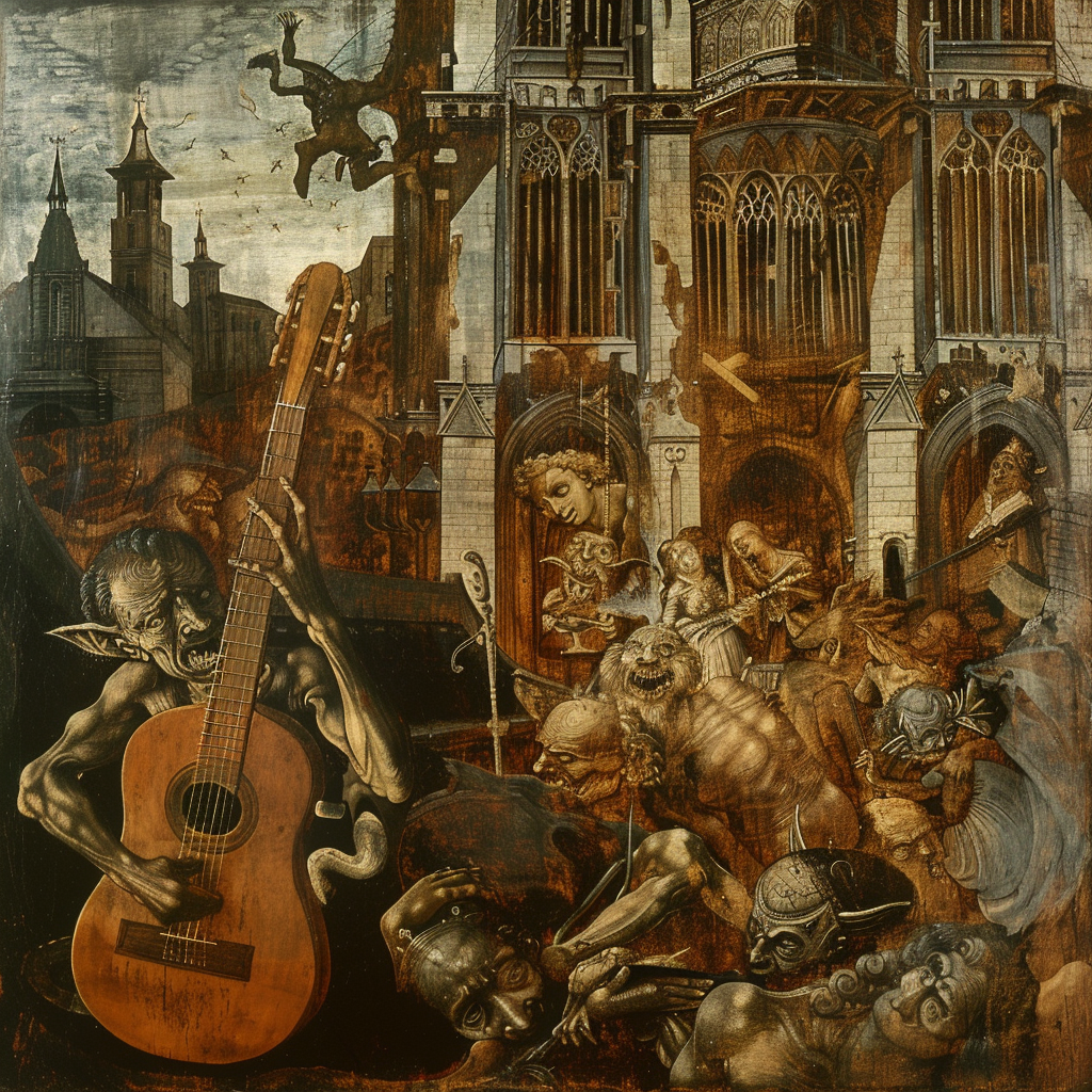 Demons playing guitars near cathedral