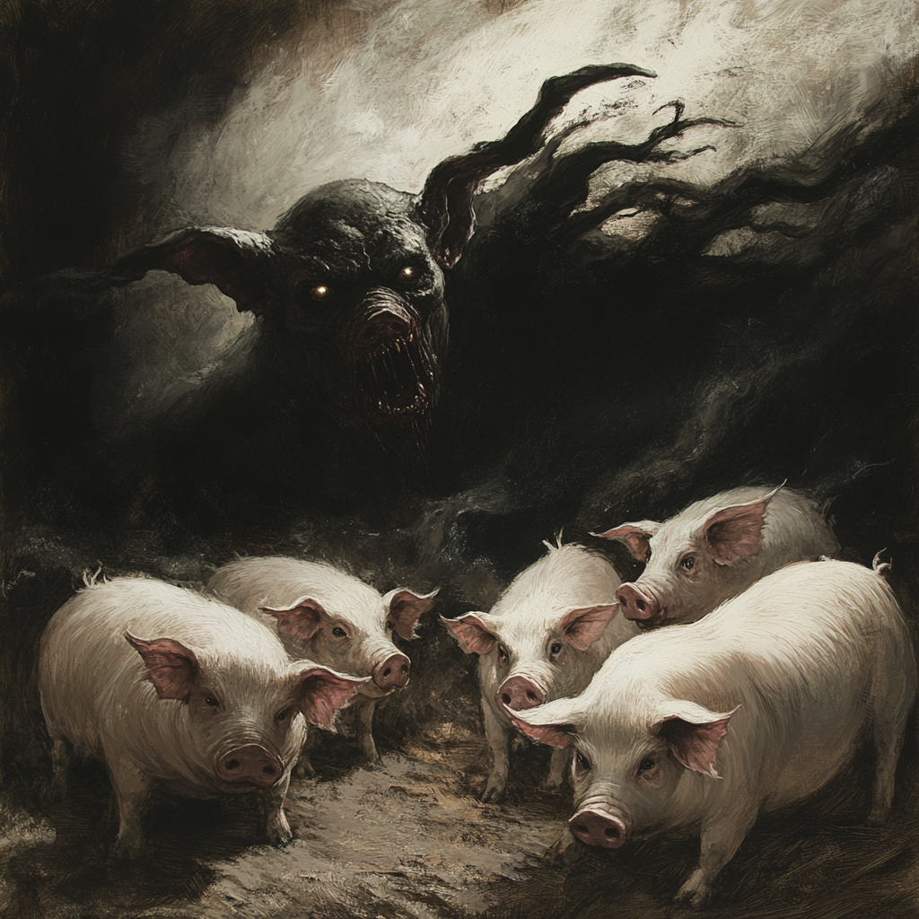 Demons leaving man entering pigs