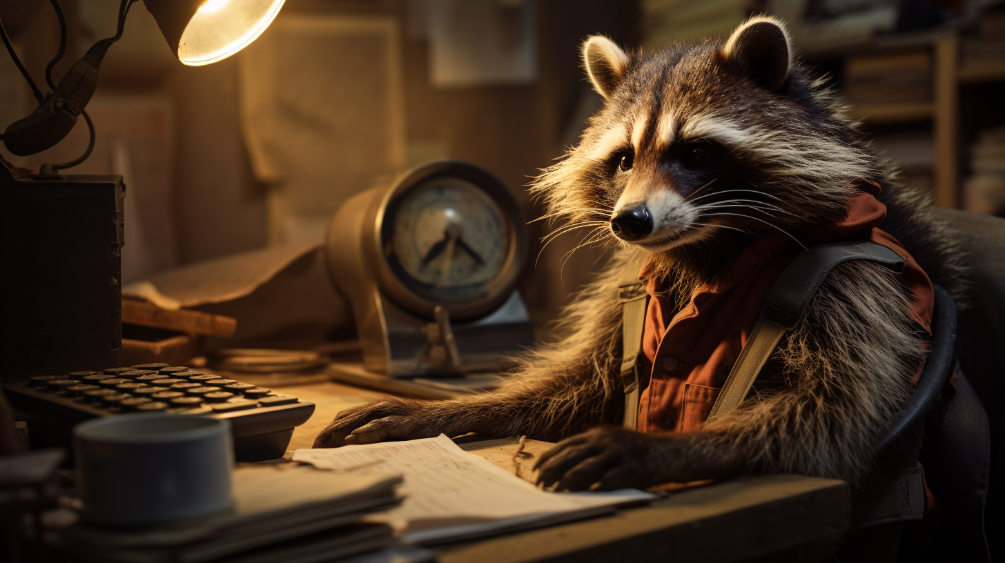 Sad raccoon struggling with work