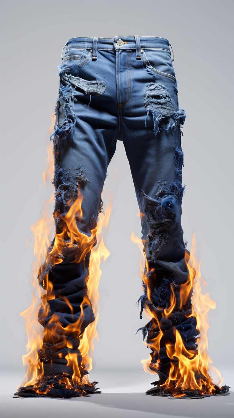 Burning denim pants on white background