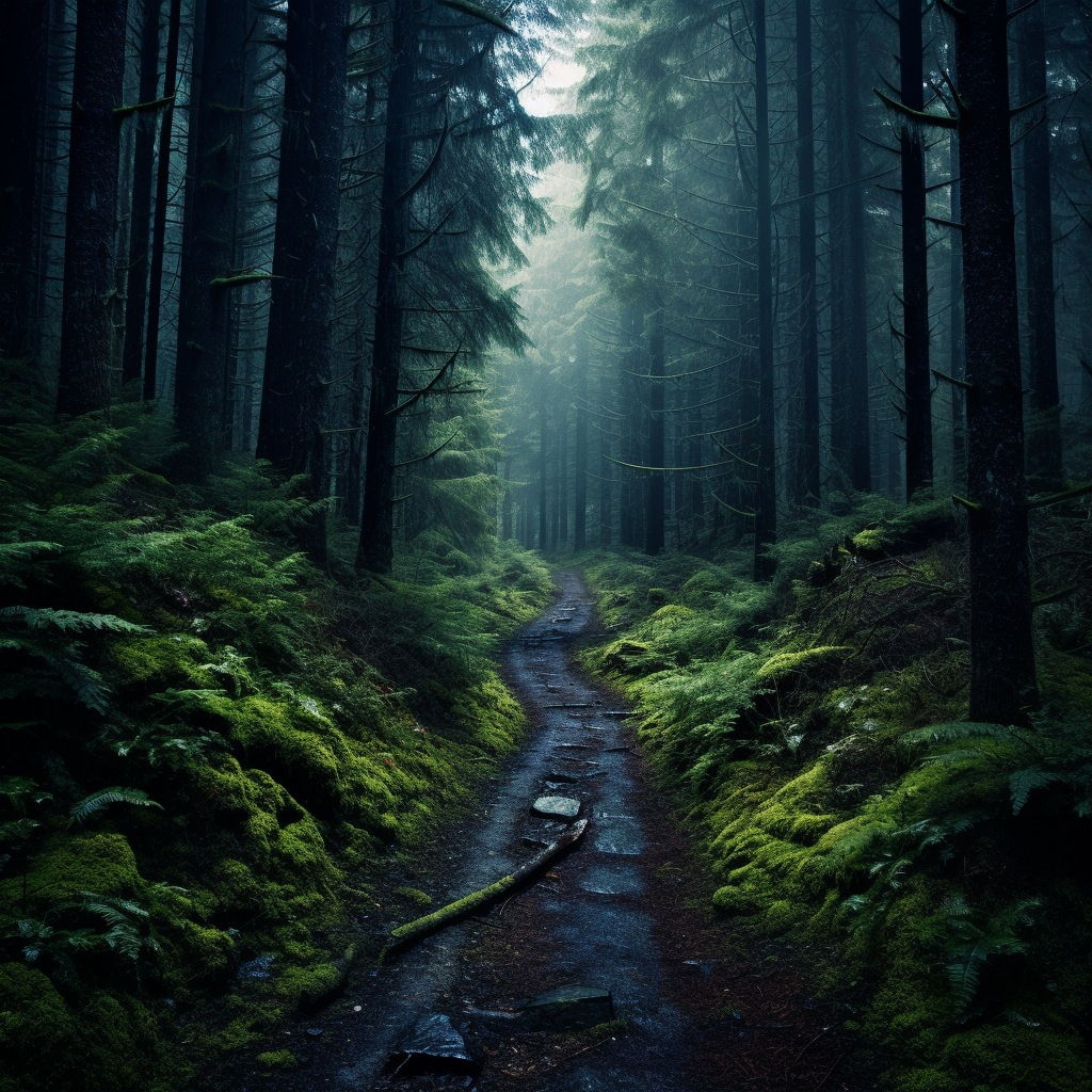 Dense forest path with a fork