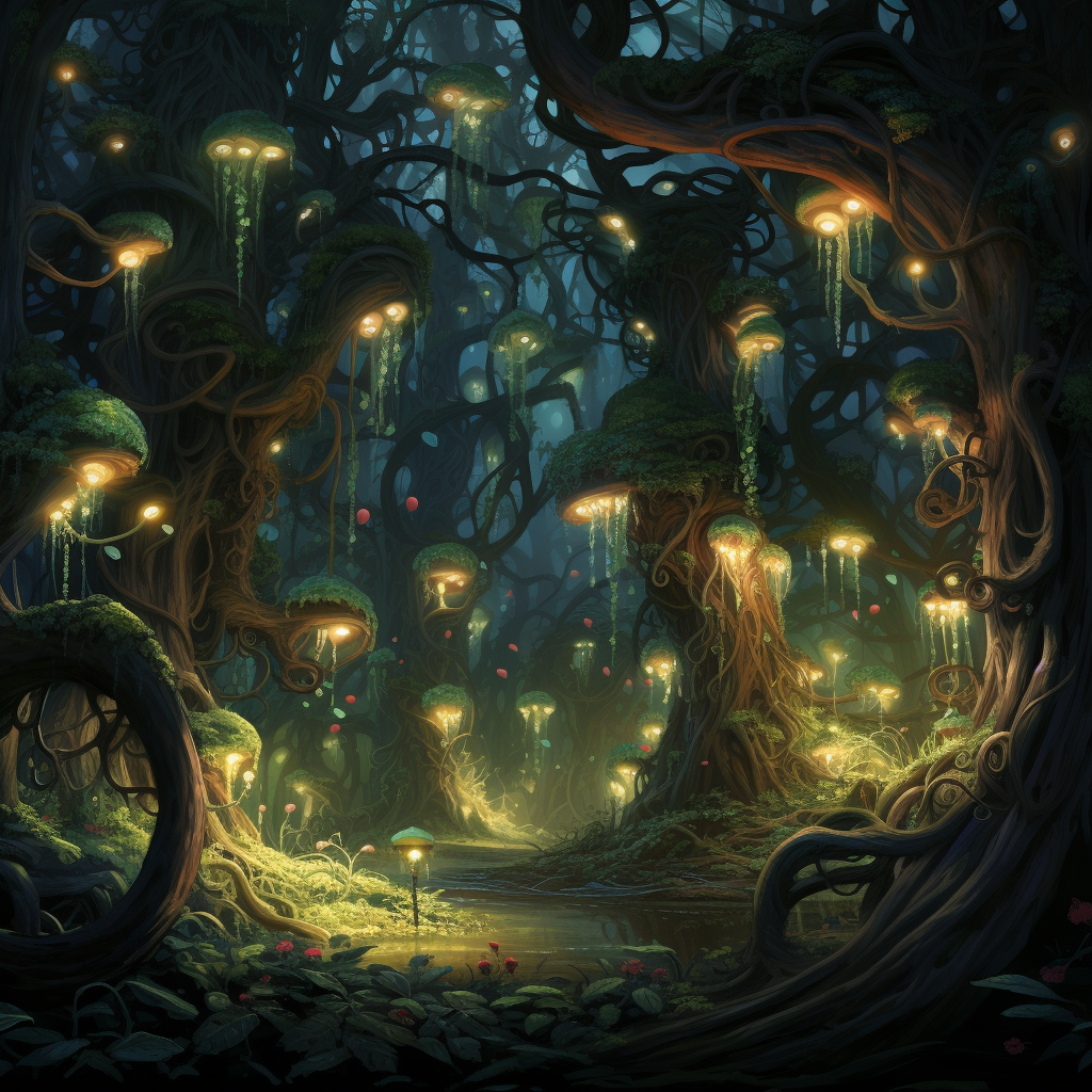 Enchanting densely forested area with glowing trees and strange plants