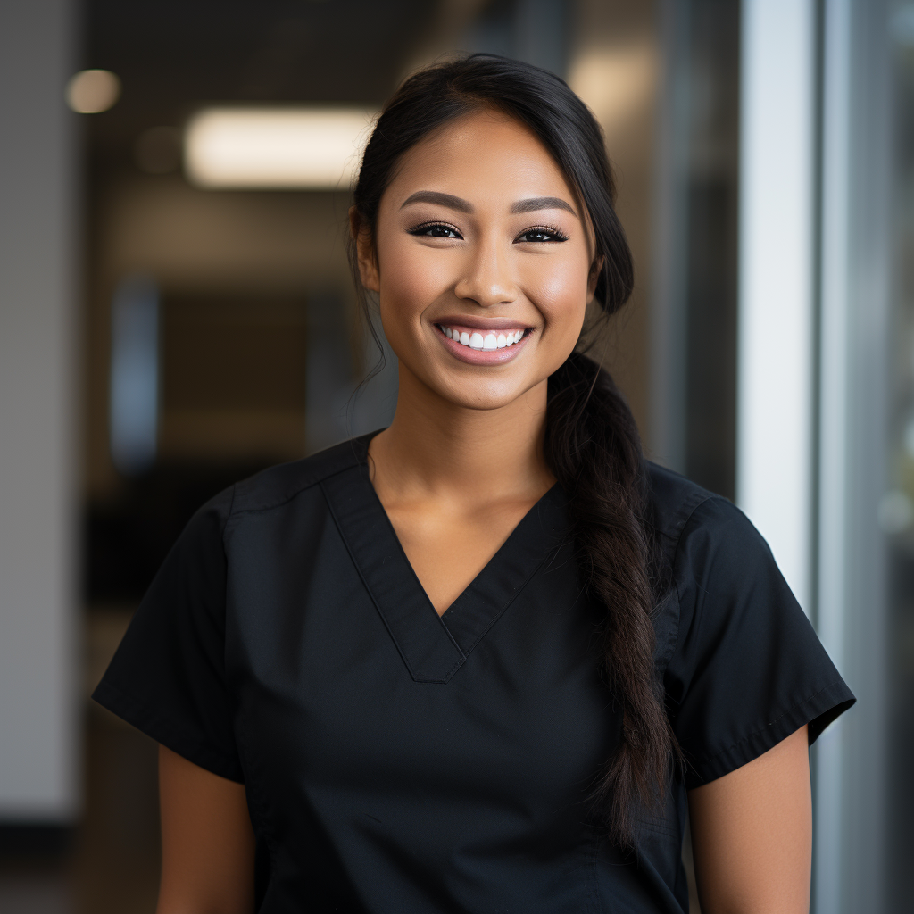 Female dental technician in black scrubs