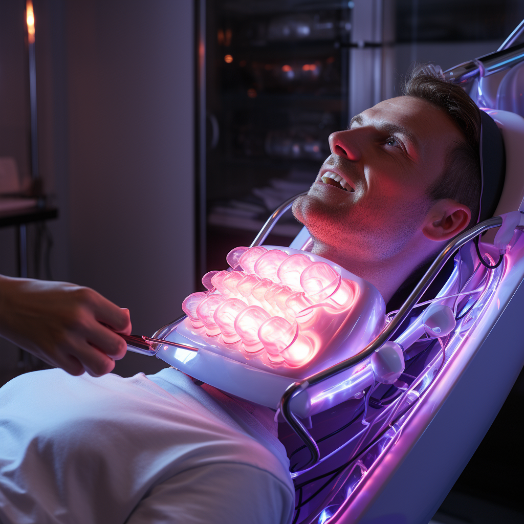 Dentist using UV lamp for tooth restoration