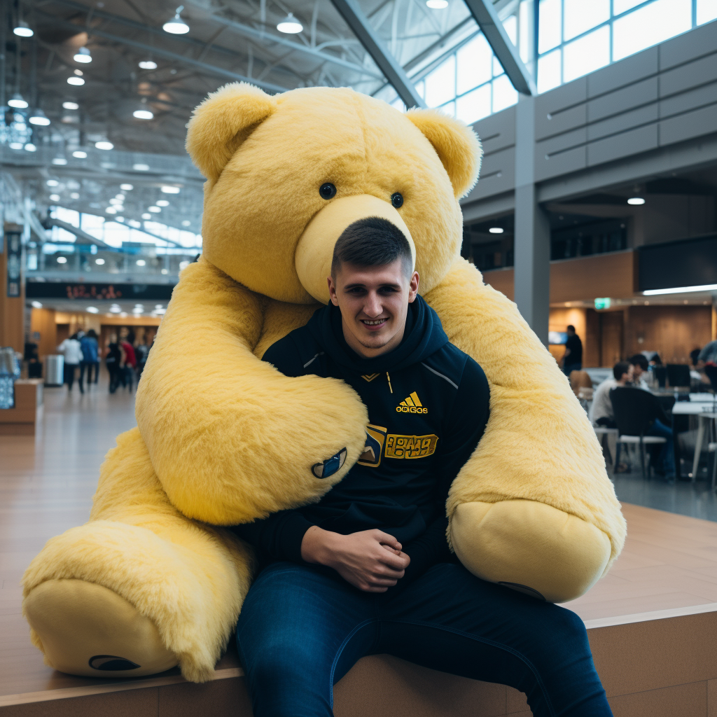 Nikola Jokic embracing a large teddy bear