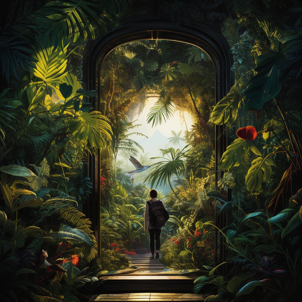 Person gazing through jungle doorway