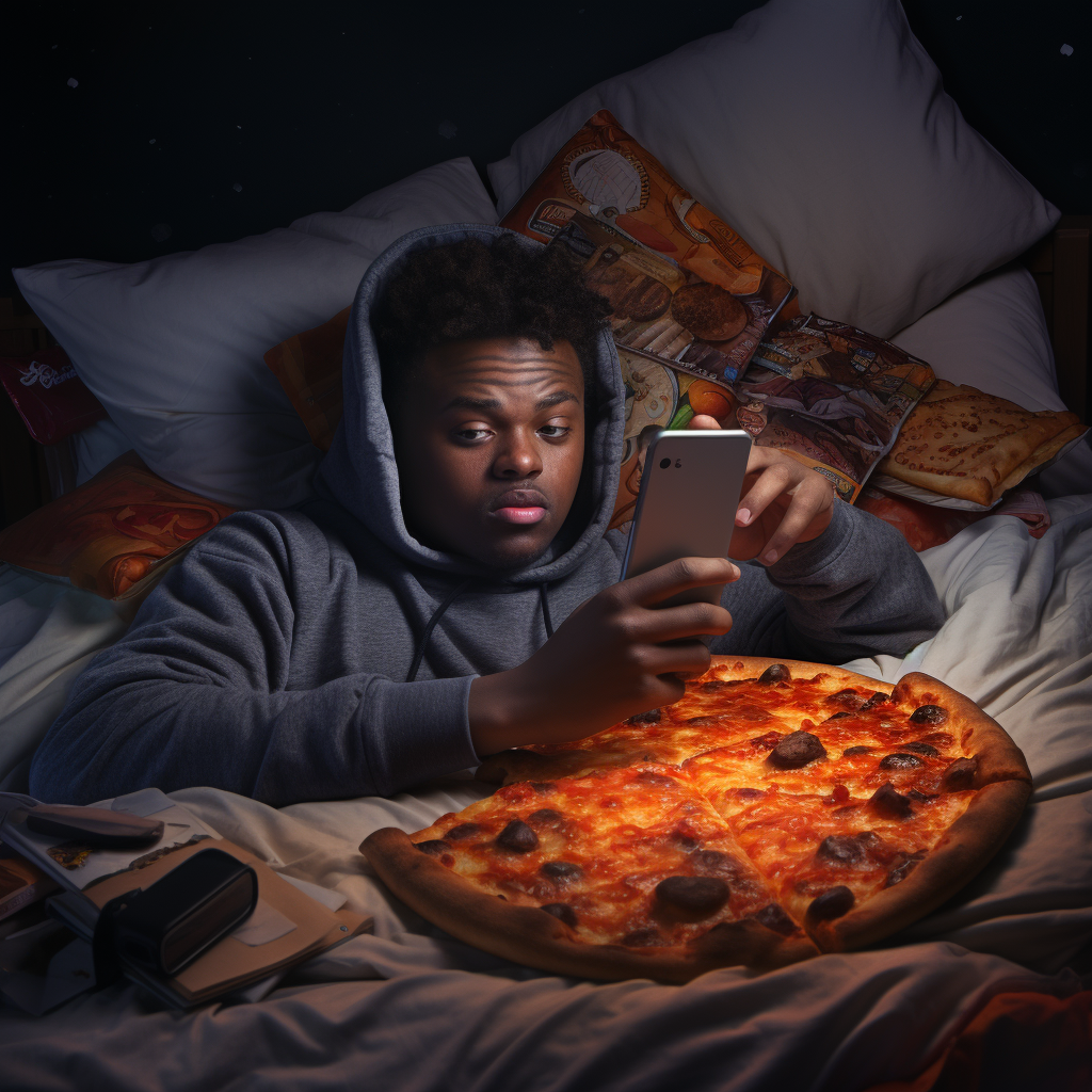 Person feeling down with phone and pizza slice on bed