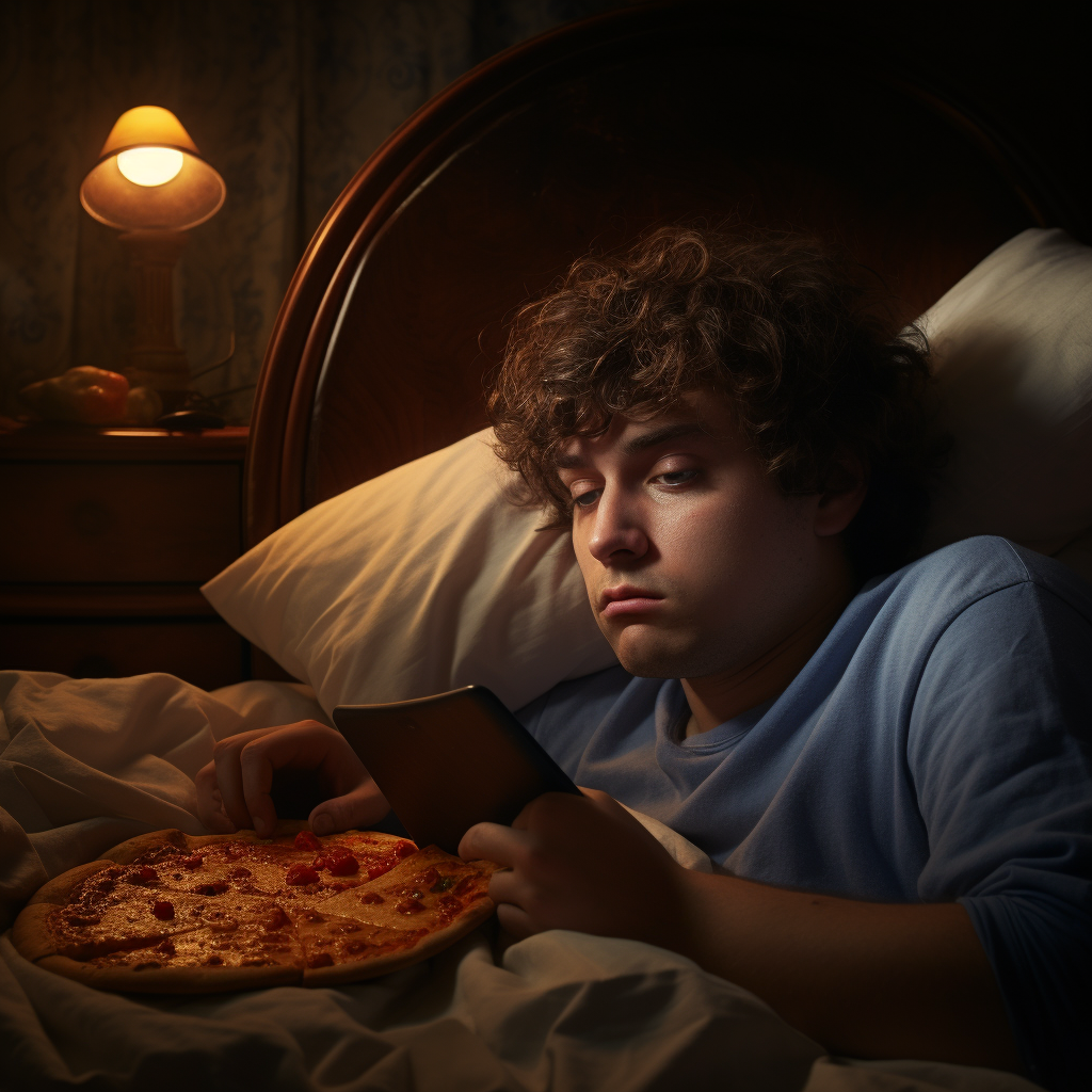 Depressed man lying on bed with phone and pizza