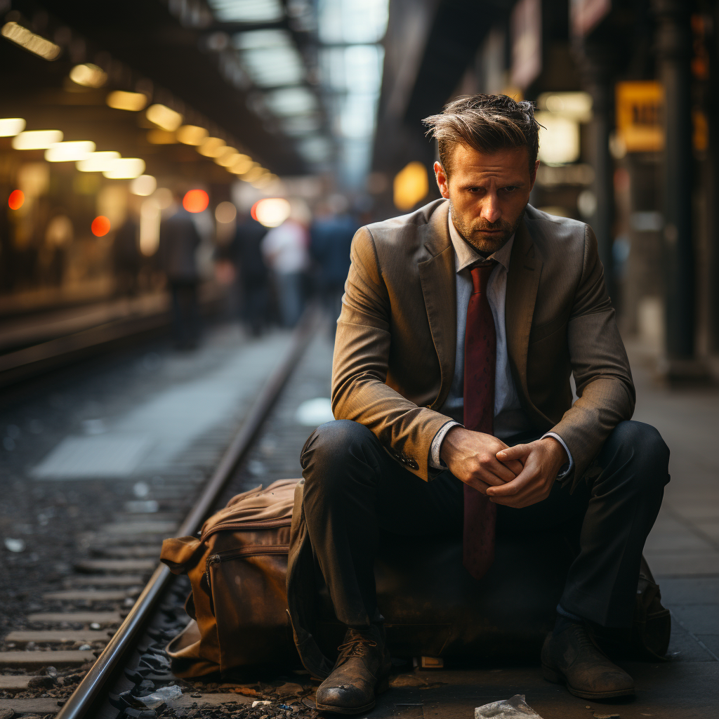 Depressed man in suit in public