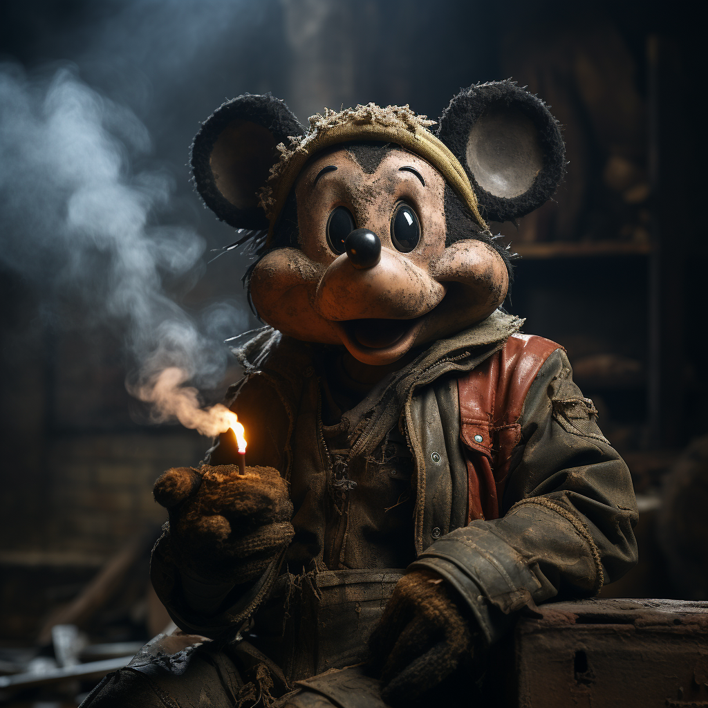 Mickey Mouse smoking in industrial light