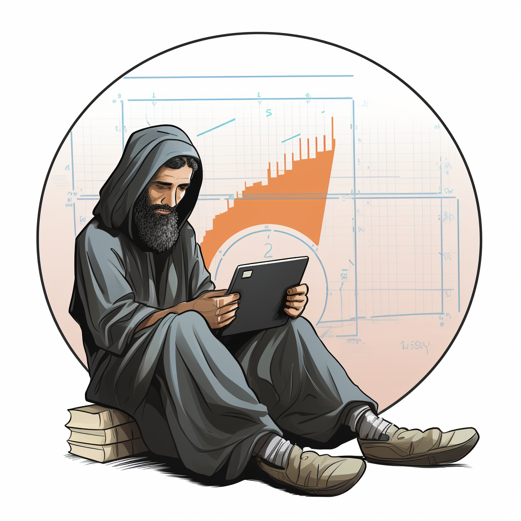 Illustration of a depressed terrorist presenting a pie chart