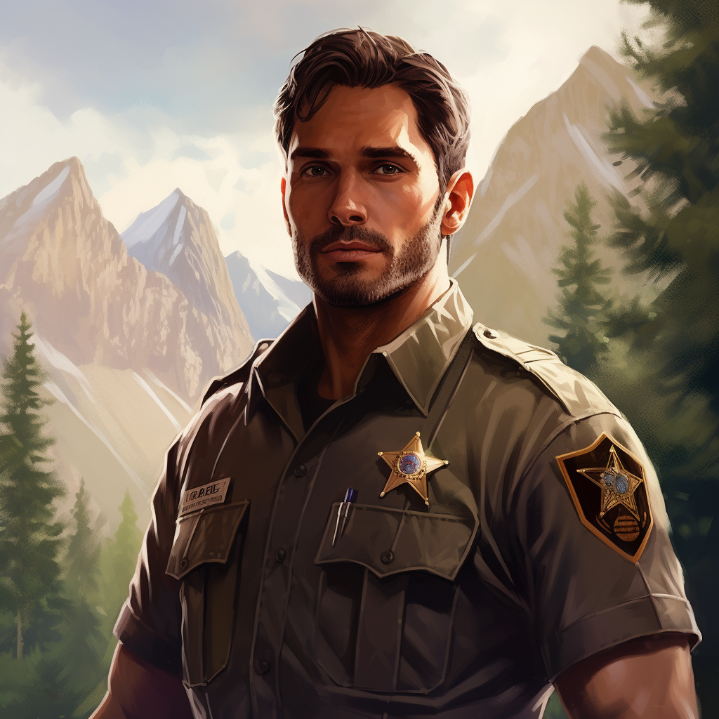 Muscular Deputy Sheriff with Mountain Forest Castle