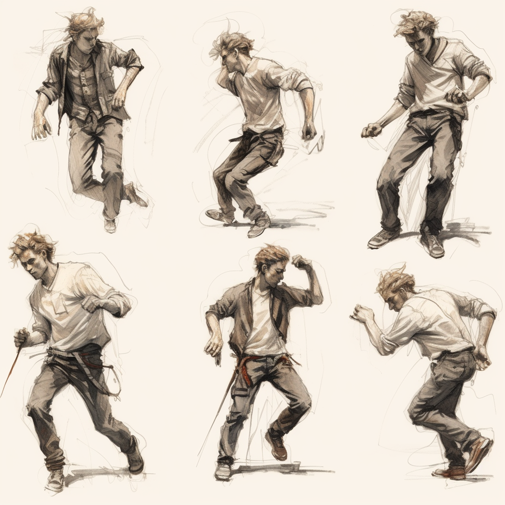 Dynamic upper body movement depicted in Derek Hess style sketch