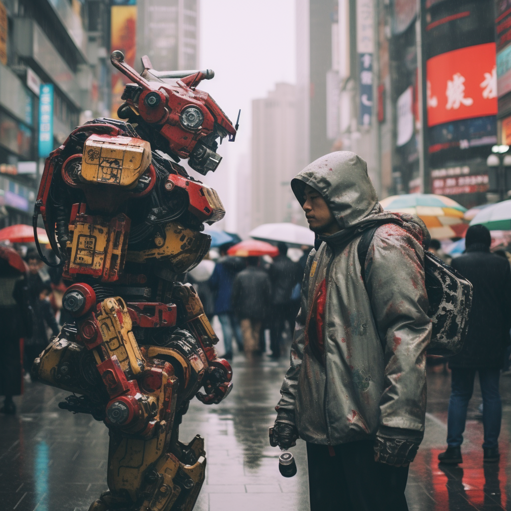 Vibrant cyberpunk mech battle in Tokyo