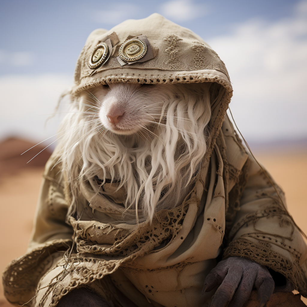 Cute rat dressed as an Arab in the Sahara Desert