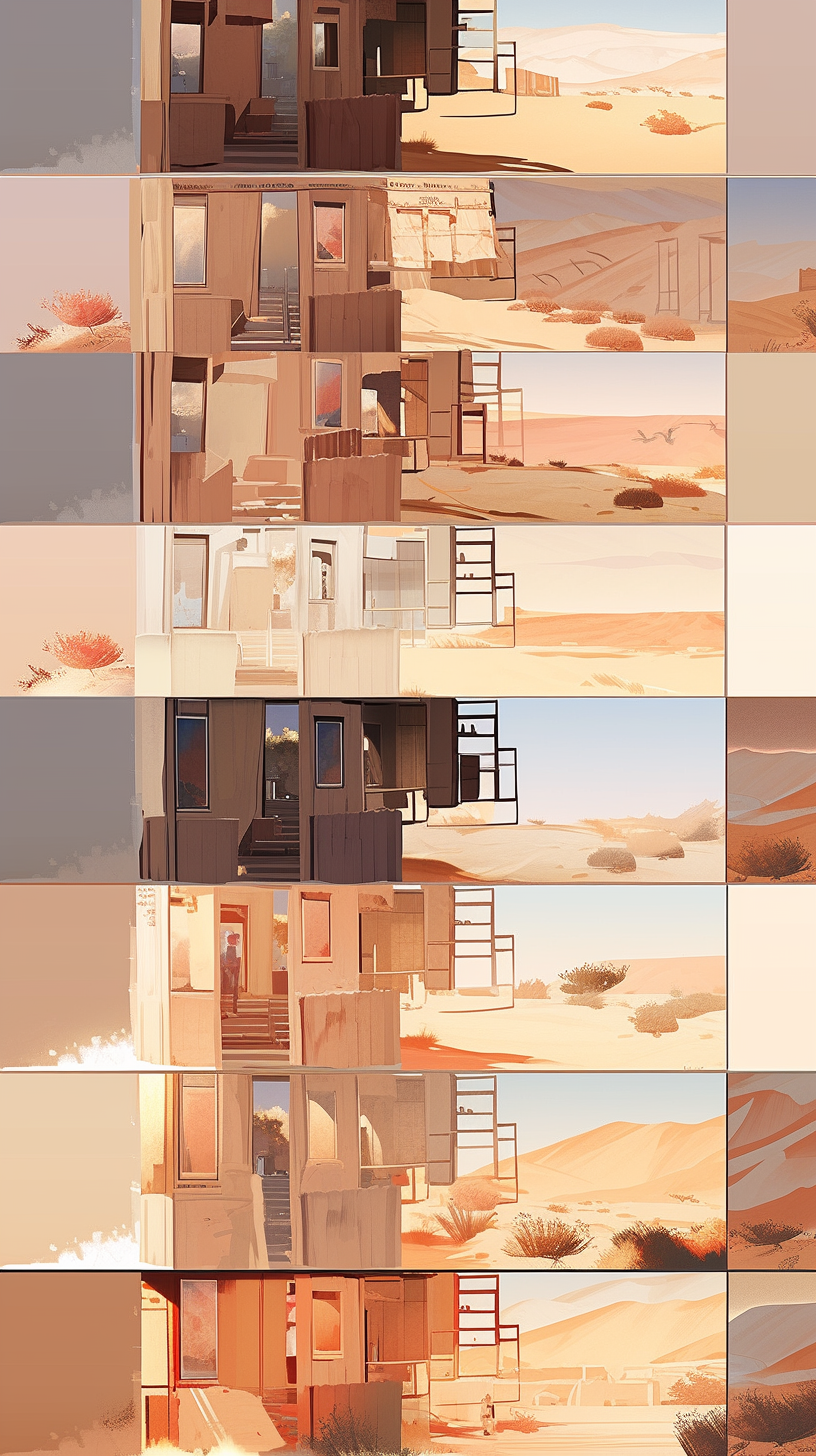 Multiple frames of a desert with a beaming sun