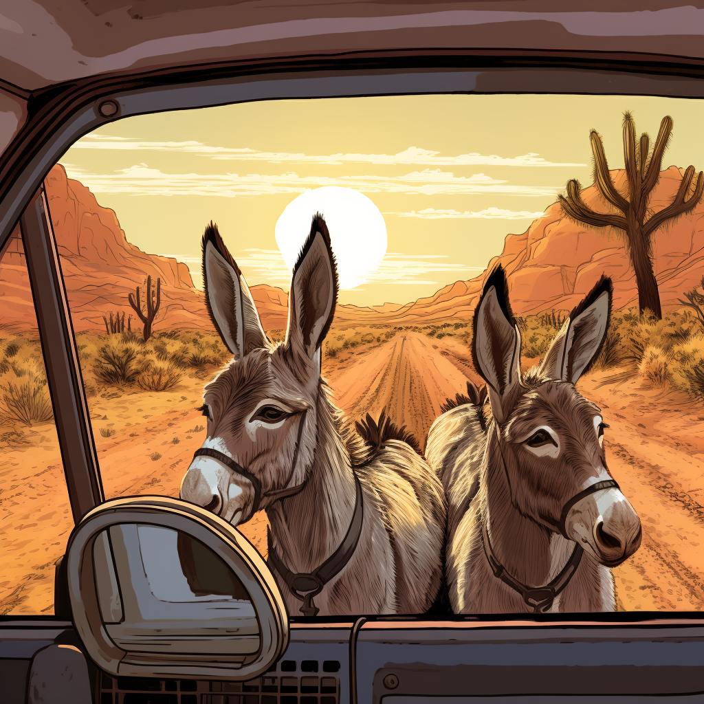 Friendly donkeys enjoying an open car window in the desert