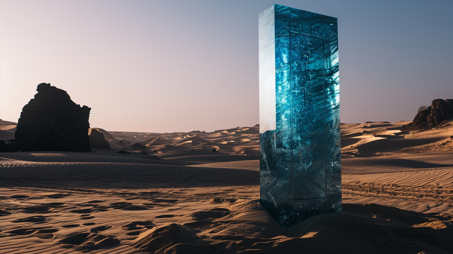 Cyan Monolith in Desert with Glowing Inscriptions