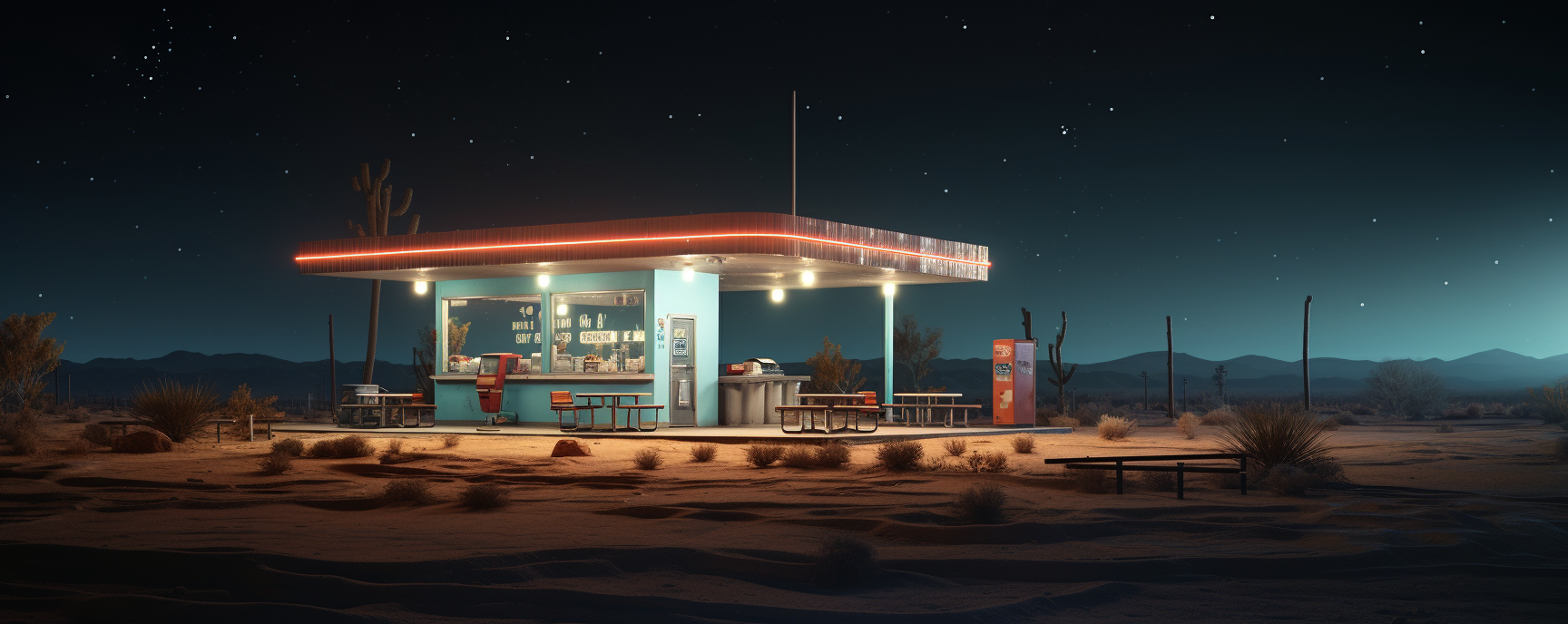 Vibrant lights illuminate desert diner at midnight