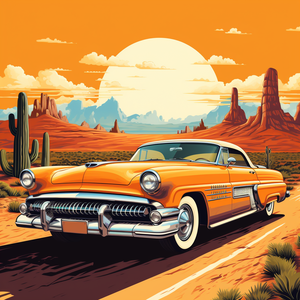 Vintage hot rod driving through desert landscape