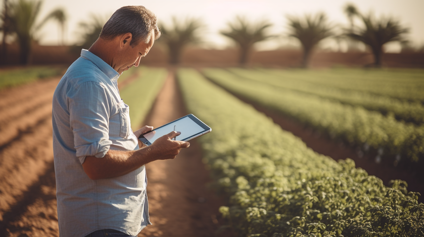 Men inspecting desert farm irrigation system