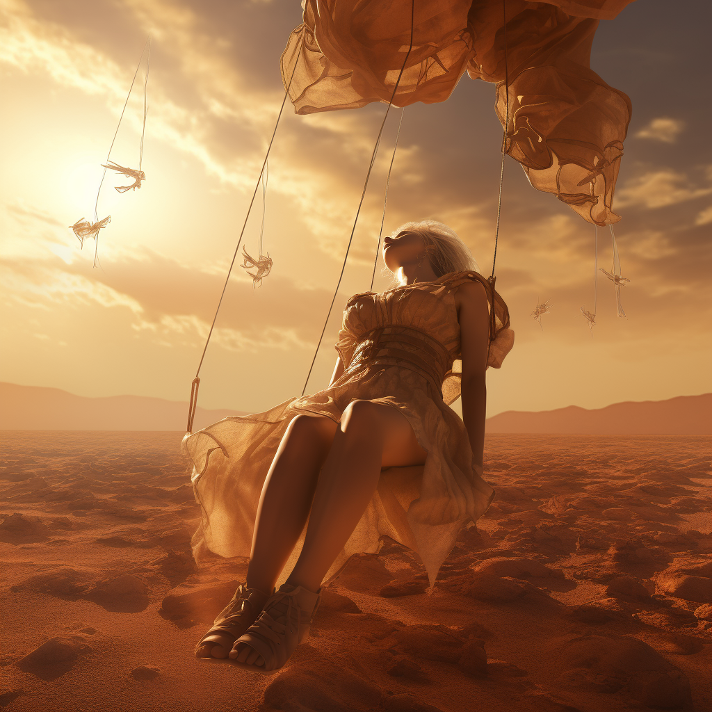 Unconscious female floating away in post-apocalyptic desert