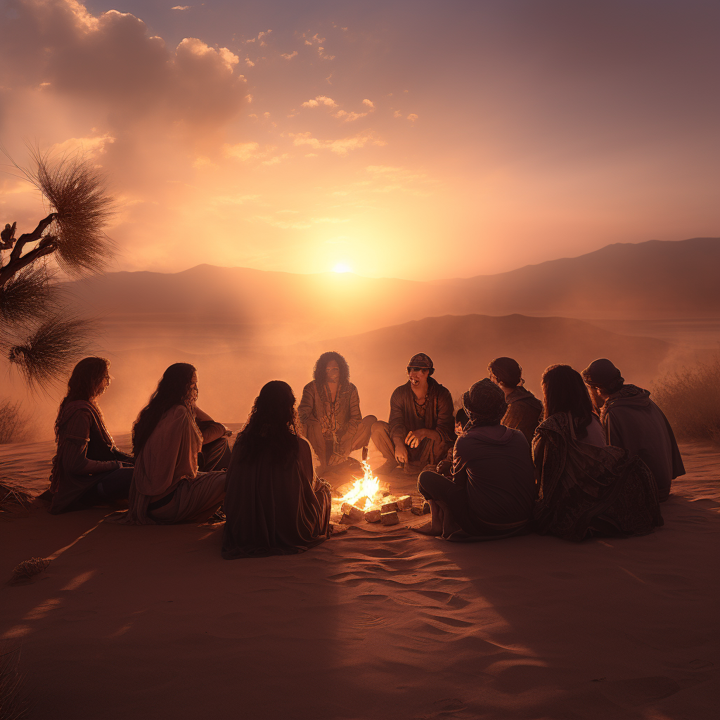 Group enjoying sunset around desert fire