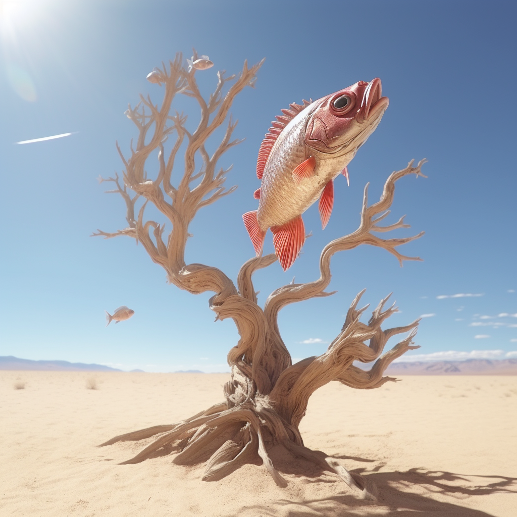 Anatomically Correct Fish Climbing Tree in Sunlight