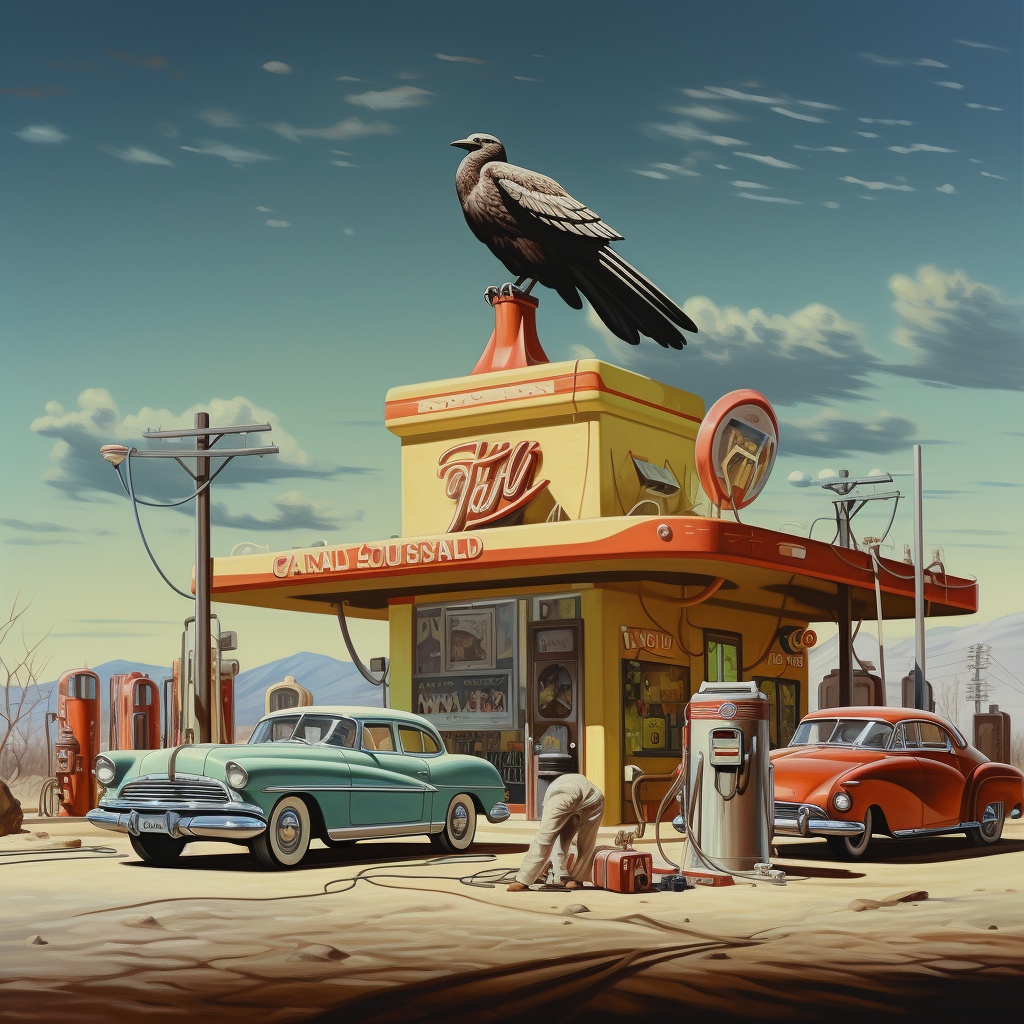 Vintage gas station with vulture on neon sign