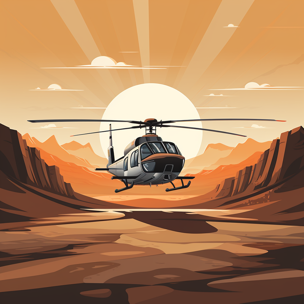 Helicopter flying over desert mountains