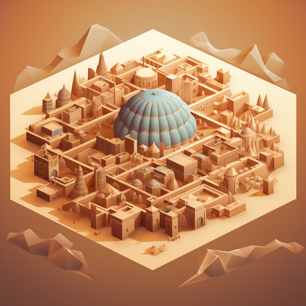 Isometric hex map of a desert with a dome city